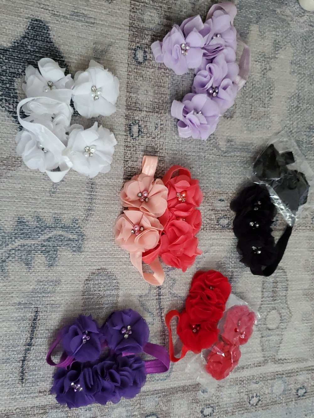 Floral Elastic Headband Set - White, Lavender, Peach, Coral, Purple, Red, Black